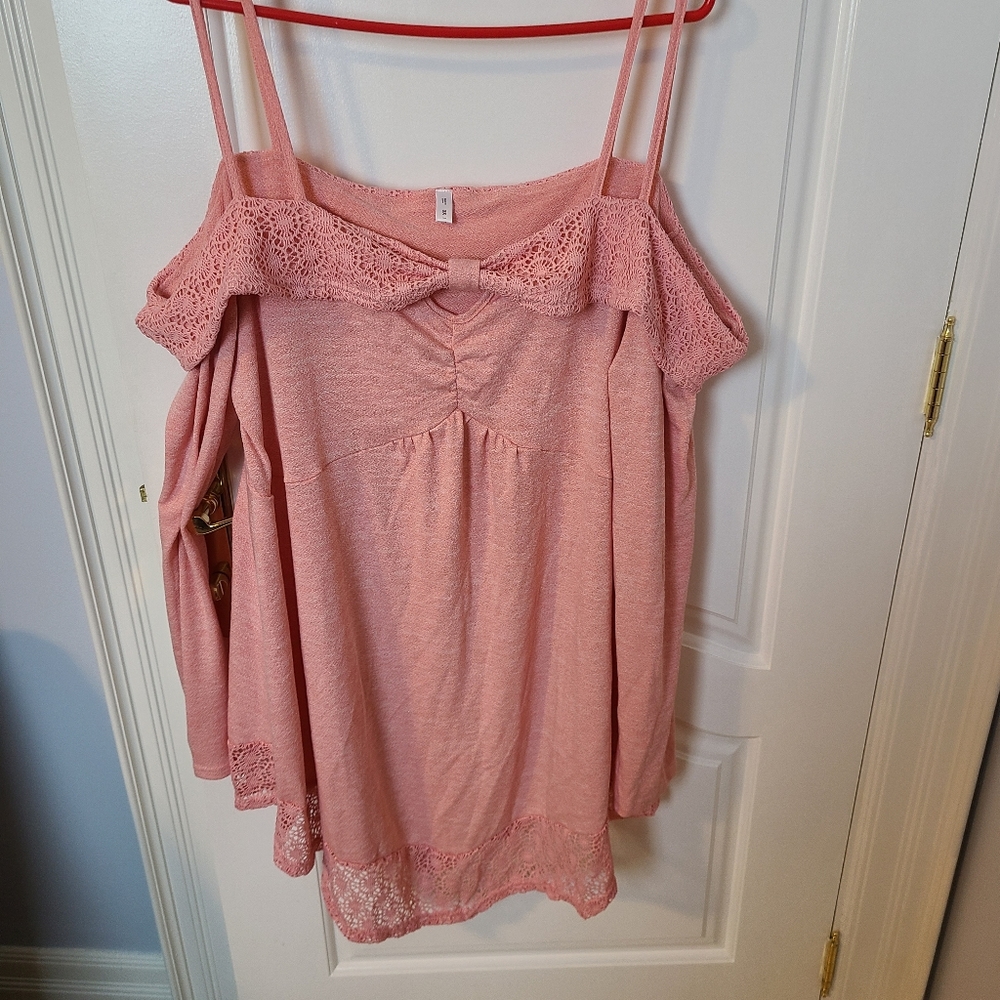 Rosegal Light Pink Top Long Sleeve Cold Shoulder Double Straps Lace US 20 3X